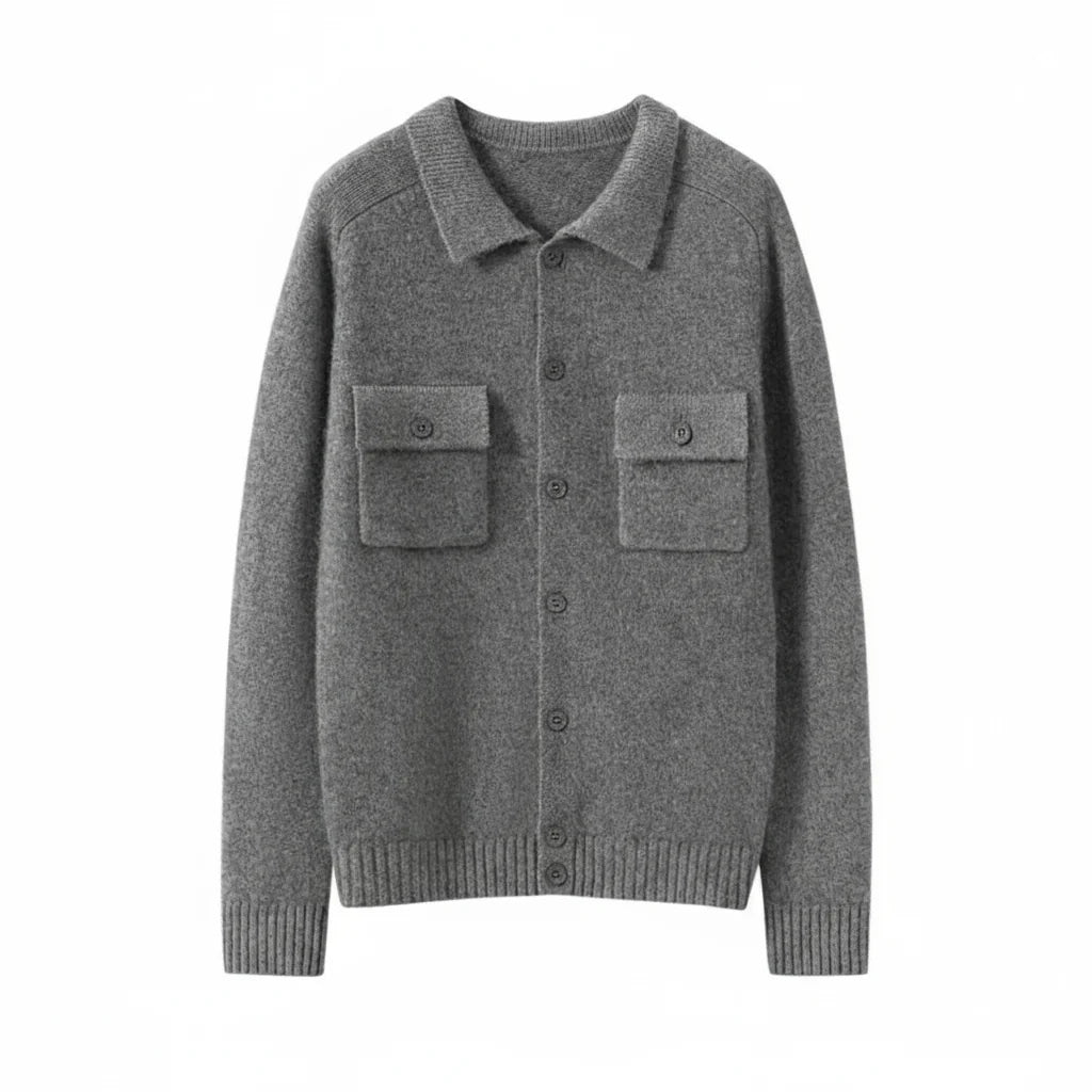 Pure Cashmere Polo Collar Button Cardigan for Men | Business and Casual Wear