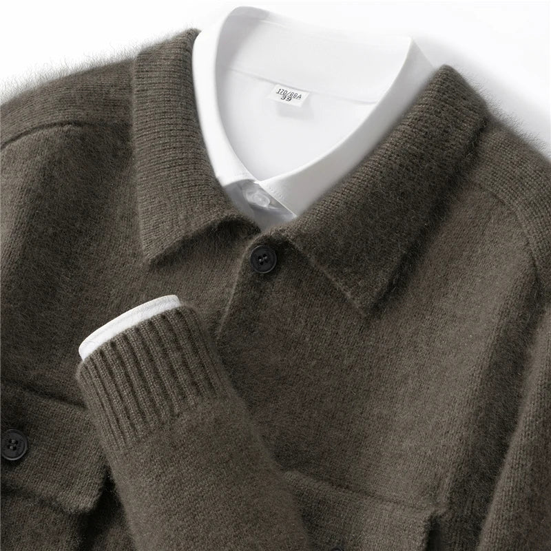 Pure Cashmere Polo Collar Button Cardigan for Men | Business and Casual Wear