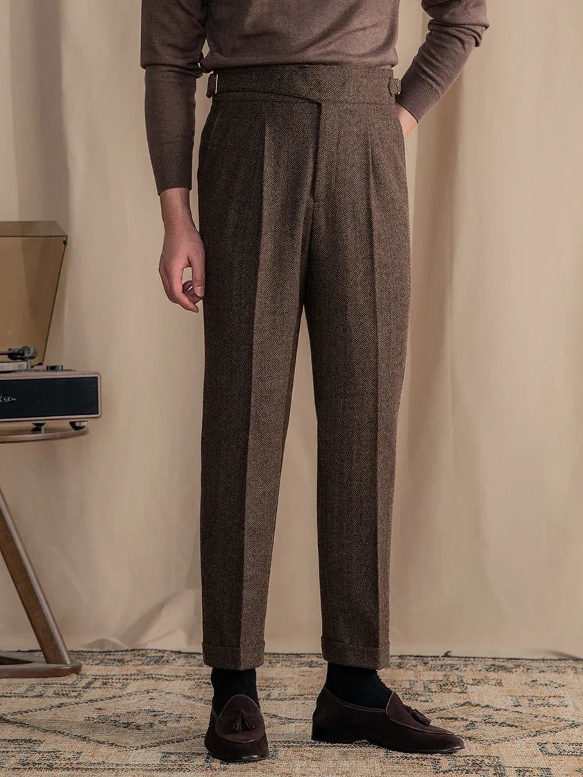 Herringbone Wool Blend Pleated Tailored Trousers for Men | Smart Casual Wear
