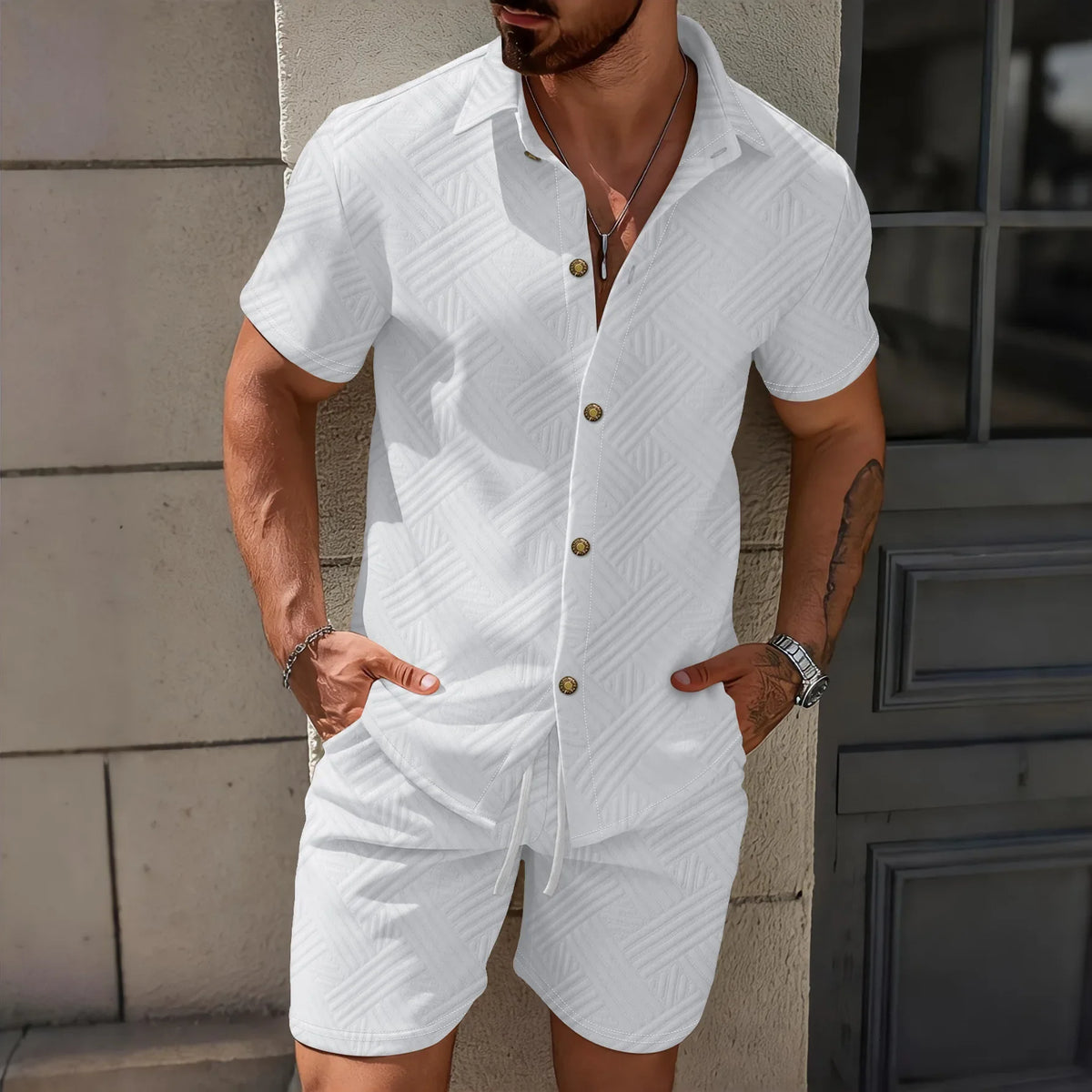 Waffle Knit Short Sleeve Shirt and Shorts Set for Men | Summer Wear