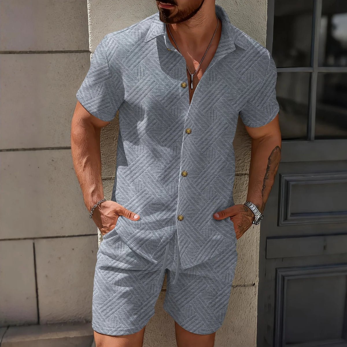 Waffle Knit Short Sleeve Shirt and Shorts Set for Men | Summer Wear