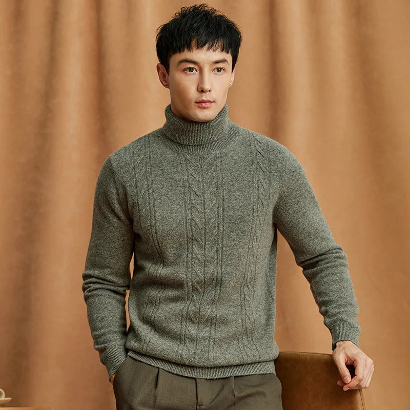 Wool Cable Knit Turtleneck Sweater for Men | Cold Weather Wear