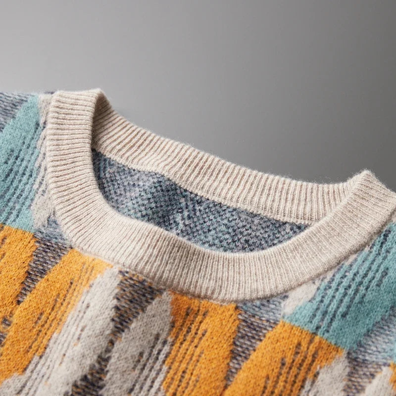Geometric Pattern Merino Wool Crewneck Sweater for Men | Casual and Office Wear