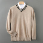 Embroidered Neck Merino Wool V Neck Sweater for Men | Autumn and Winter Wear