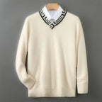 Embroidered Neck Merino Wool V Neck Sweater for Men | Autumn and Winter Wear