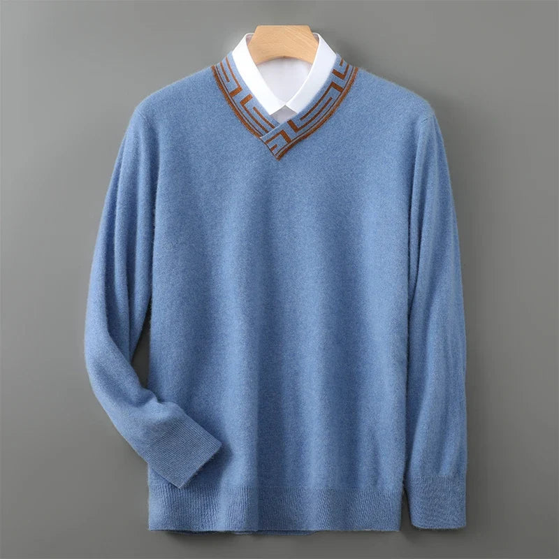 Embroidered Neck Merino Wool V Neck Sweater for Men | Autumn and Winter Wear