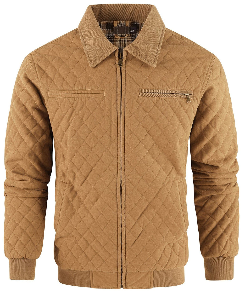 Diamond Quilted Corduroy Collar Zip Bomber Jacket for Men | Layering